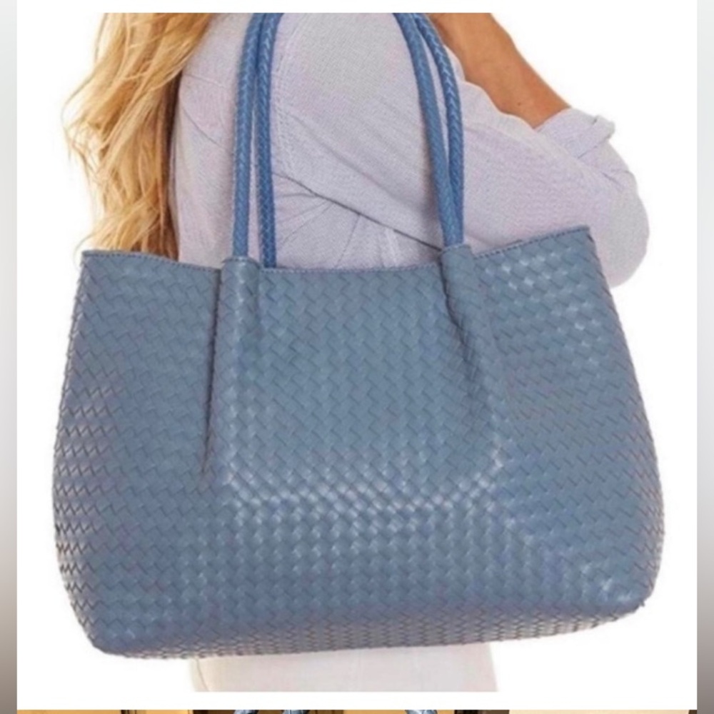 Lulu Dharma Basket Weave Woven Tote In Blue Vegan Leather With Shoulder Straps
